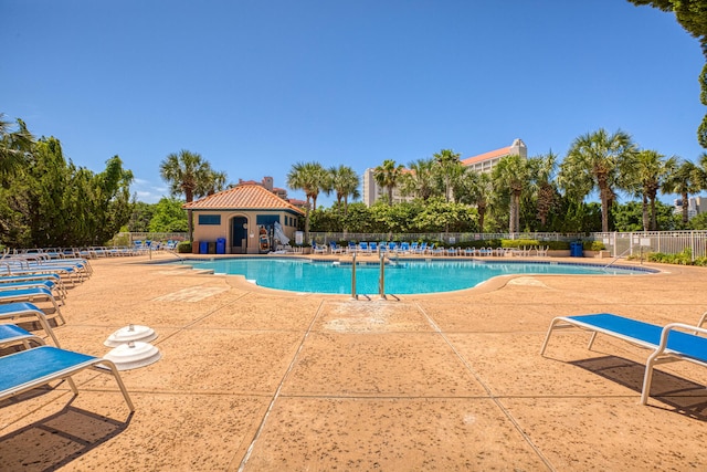 view of swimming pool featuring a patio