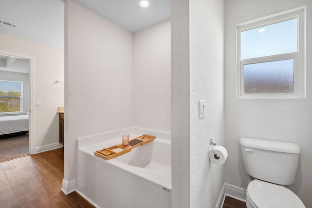 bathroom with toilet, hardwood / wood-style floors, and vanity