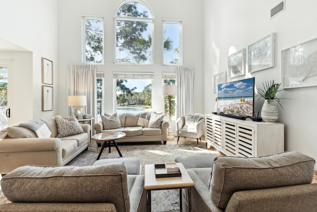 living room with a towering ceiling