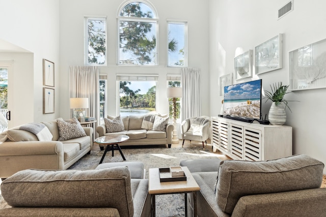 living area featuring a high ceiling, wood finished floors, and visible vents