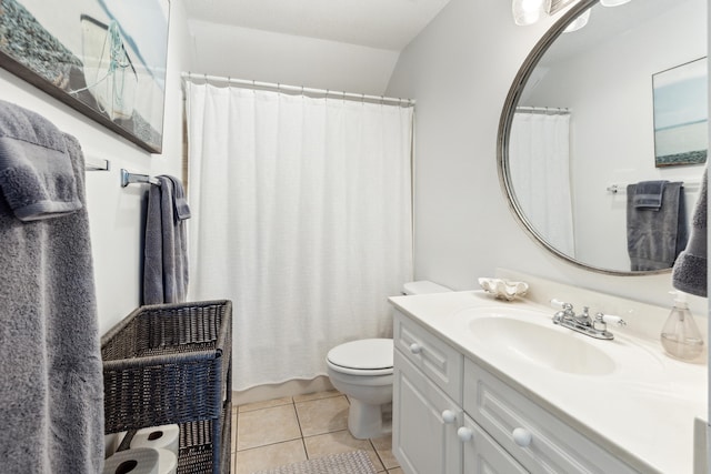 full bath featuring toilet, curtained shower, tile patterned flooring, and vanity