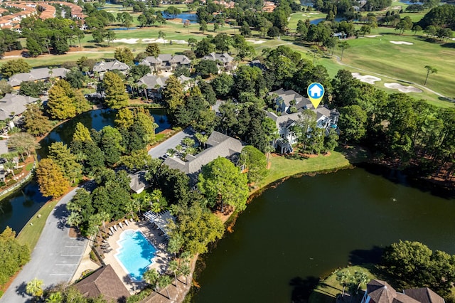 bird's eye view with a residential view, a water view, and golf course view