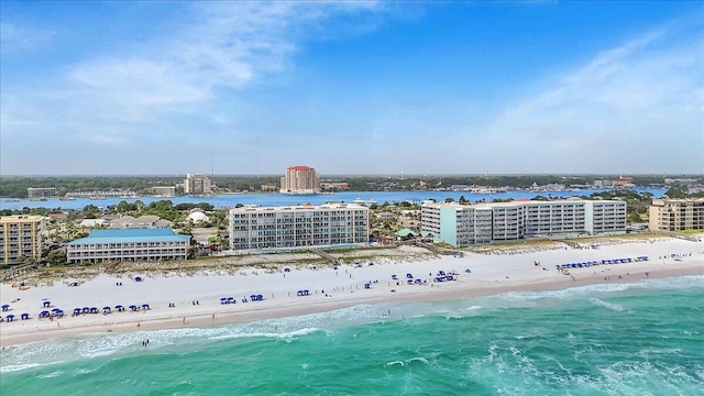 bird's eye view with a view of city, a water view, and a beach view