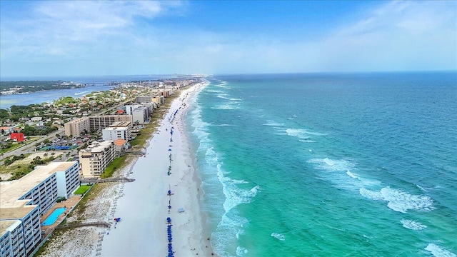 drone / aerial view with a view of the beach and a water view