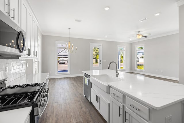 kitchen with sink, stainless steel appliances, decorative backsplash, dark hardwood / wood-style floors, and a kitchen island with sink