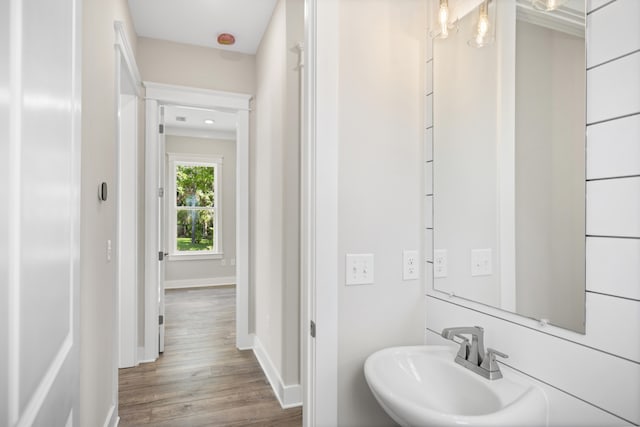 bathroom with sink and hardwood / wood-style flooring