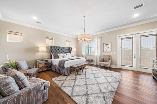 18 Spyglass Dr, Miramar Beach, FL 32550 - bedroom featuring access to outside, crown molding, a chandelier, wood finished floors, and recessed lighting