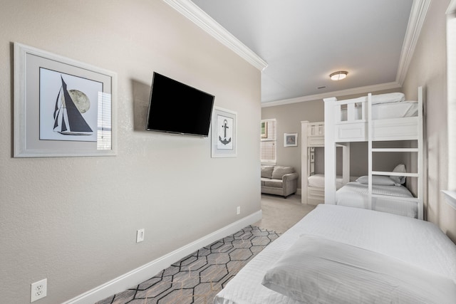 carpeted bedroom with crown molding