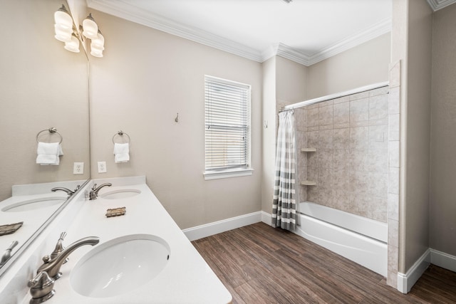 bathroom with shower / bath combination with curtain, crown molding, hardwood / wood-style flooring, and vanity