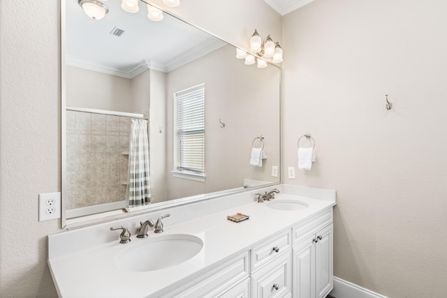 bathroom featuring vanity, crown molding, and walk in shower