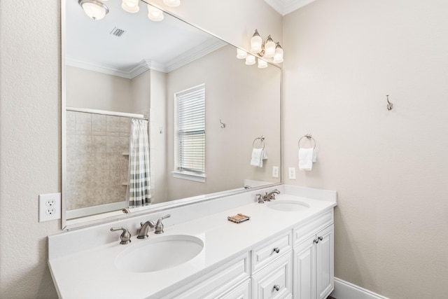 18 Spyglass Dr, Miramar Beach, FL 32550 - full bath featuring crown molding, double vanity, and a shower with shower curtain