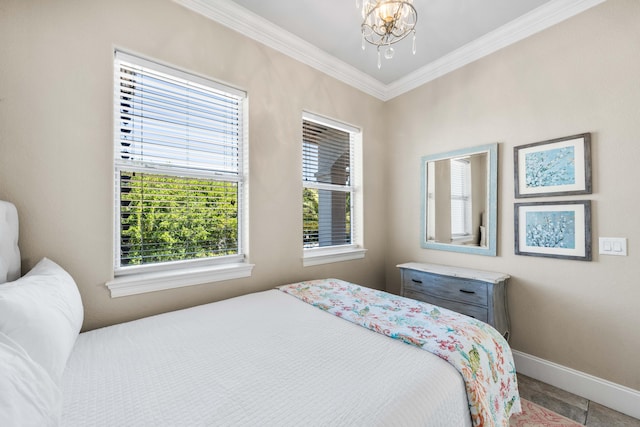 bedroom with ornamental molding, a chandelier, and tile patterned floors