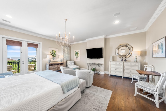 bedroom with access to outside, a chandelier, dark wood-type flooring, and crown molding