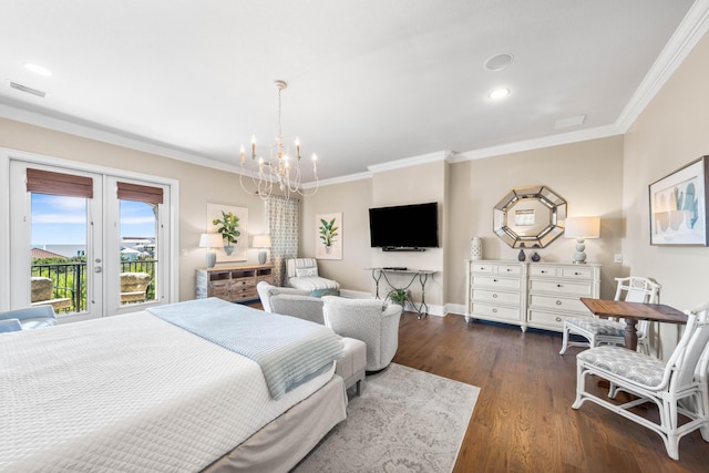 18 Spyglass Dr, Miramar Beach, FL 32550 - bedroom featuring dark wood-type flooring, ornamental molding, a chandelier, french doors, and recessed lighting