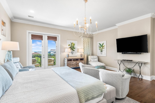 bedroom featuring hardwood / wood-style floors, a notable chandelier, access to outside, and french doors