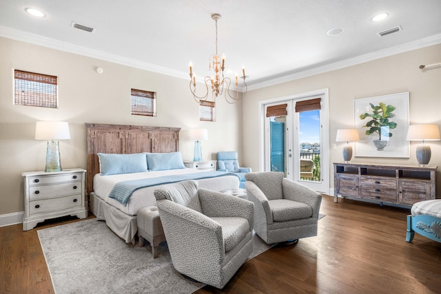 18 Spyglass Dr, Miramar Beach, FL 32550 - bedroom featuring a chandelier, access to exterior, ornamental molding, wood finished floors, and recessed lighting