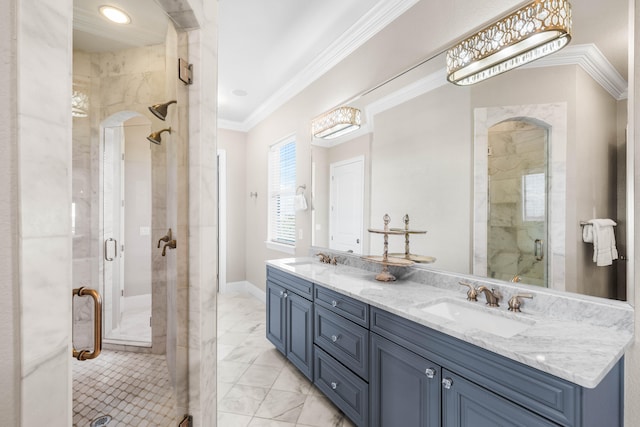 bathroom with a shower with door, vanity, and ornamental molding