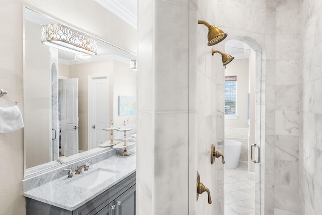 bathroom featuring tile walls, vanity, crown molding, and separate shower and tub