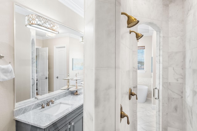 18 Spyglass Dr, Miramar Beach, FL 32550 - bathroom with ornamental molding, vanity, a soaking tub, a shower stall, and marble finish floors