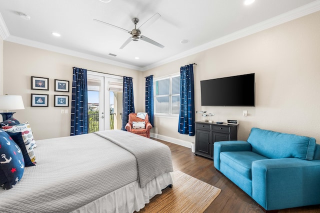 bedroom with french doors, access to exterior, ceiling fan, ornamental molding, and dark hardwood / wood-style floors