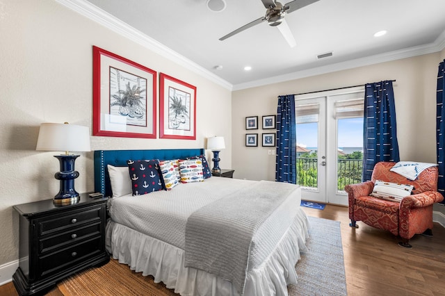 bedroom featuring crown molding, wood-type flooring, access to outside, and ceiling fan