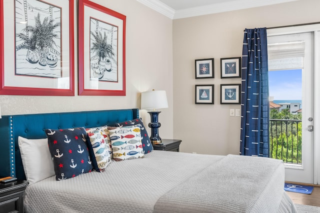 bedroom with wood-type flooring and ornamental molding