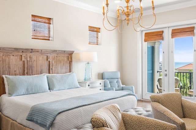 bedroom featuring ornamental molding, a chandelier, wood-type flooring, and access to outside