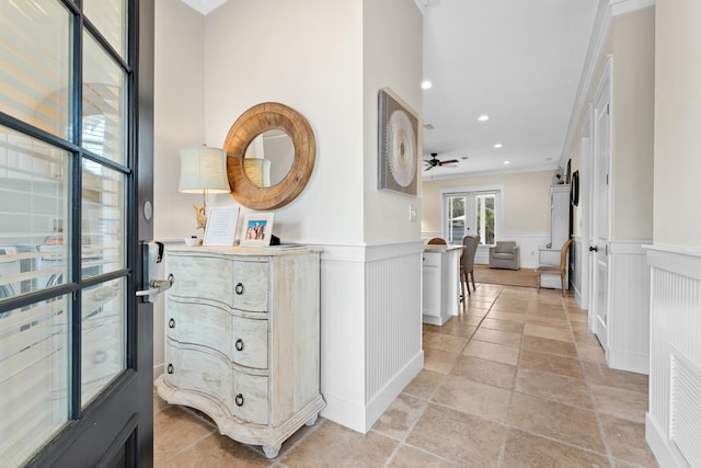 2448 Bungalo Ln, Miramar Beach, FL 32550 - corridor with a decorative wall, wainscoting, and recessed lighting