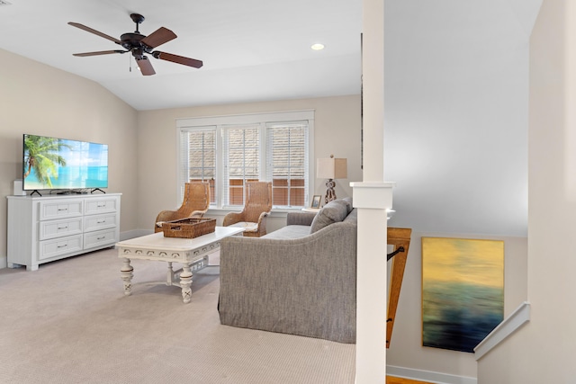 2448 Bungalo Ln, Miramar Beach, FL 32550 - living area with vaulted ceiling, a ceiling fan, carpet flooring, and recessed lighting