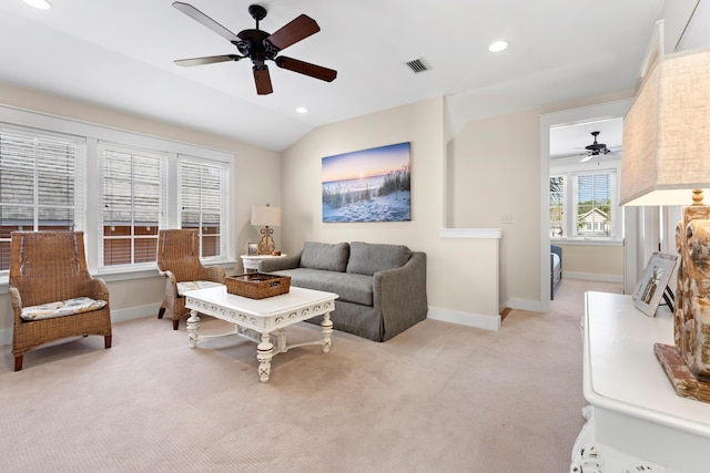 2448 Bungalo Ln, Miramar Beach, FL 32550 - living room featuring ceiling fan, light carpet, baseboards, recessed lighting, and lofted ceiling