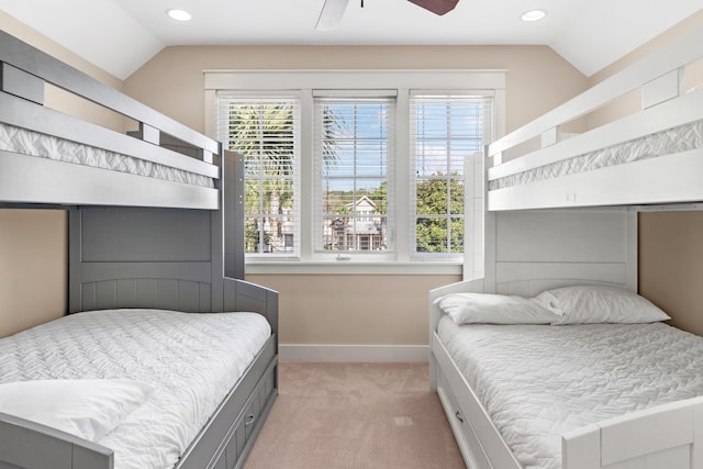 2448 Bungalo Ln, Miramar Beach, FL 32550 - carpeted bedroom featuring lofted ceiling, multiple windows, baseboards, recessed lighting, and a ceiling fan