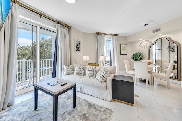 living room featuring light tile patterned flooring