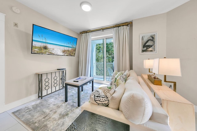 living room featuring light tile patterned flooring