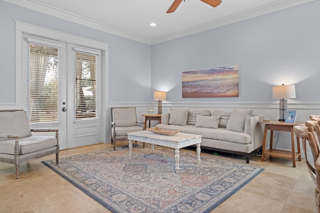 living room with ornamental molding, french doors, light tile patterned flooring, and ceiling fan