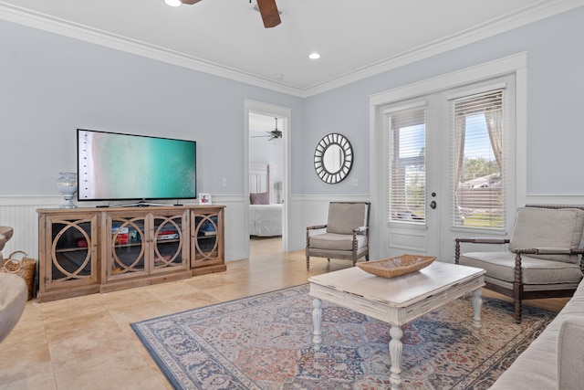 tiled living room with crown molding and ceiling fan