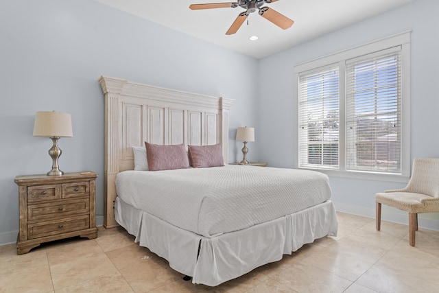 bedroom featuring ceiling fan and light tile patterned floors