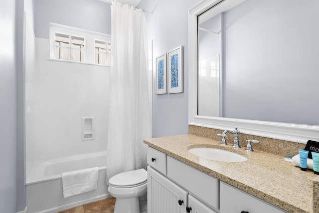 2452 Bungalo Ln, Miramar Beach, FL 32550 - bathroom featuring vanity, toilet, shower / bath combo with shower curtain, and tile patterned floors