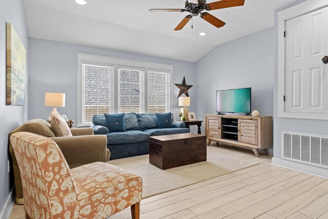 2452 Bungalo Ln, Miramar Beach, FL 32550 - living area featuring light wood finished floors, a ceiling fan, recessed lighting, vaulted ceiling, and baseboards