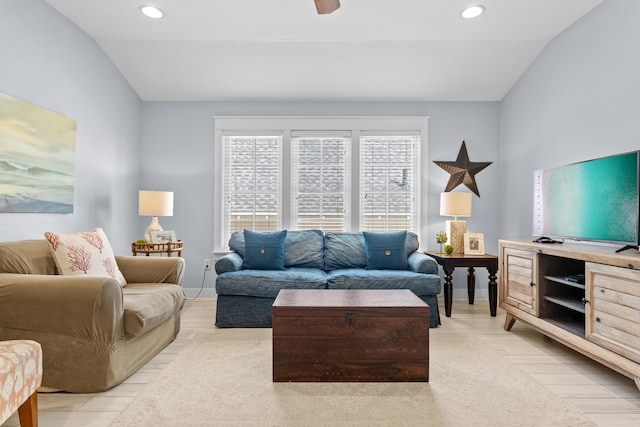 2452 Bungalo Ln, Miramar Beach, FL 32550 - living room with recessed lighting, baseboards, vaulted ceiling, and a ceiling fan