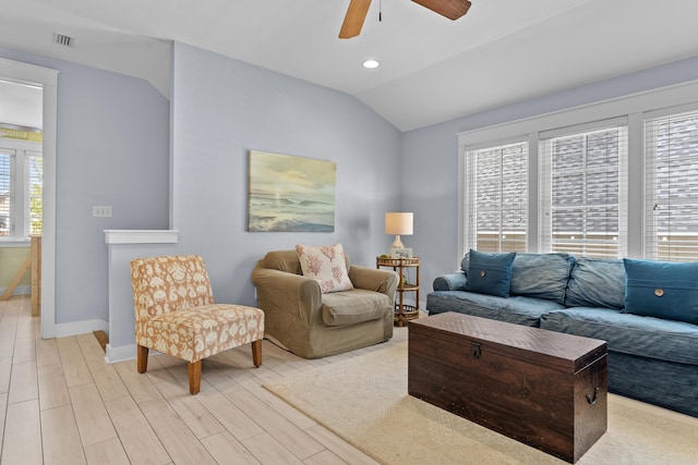 2452 Bungalo Ln, Miramar Beach, FL 32550 - living room featuring baseboards, light wood-type flooring, ceiling fan, vaulted ceiling, and recessed lighting