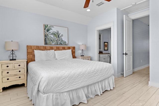 bedroom featuring ceiling fan and light hardwood / wood-style flooring