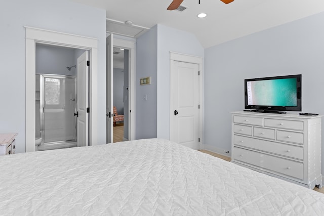2452 Bungalo Ln, Miramar Beach, FL 32550 - bedroom with ensuite bath, ceiling fan, recessed lighting, lofted ceiling, and baseboards