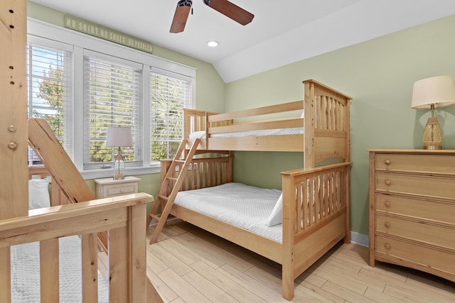 2452 Bungalo Ln, Miramar Beach, FL 32550 - bedroom with light wood-style flooring, vaulted ceiling, recessed lighting, baseboards, and ceiling fan