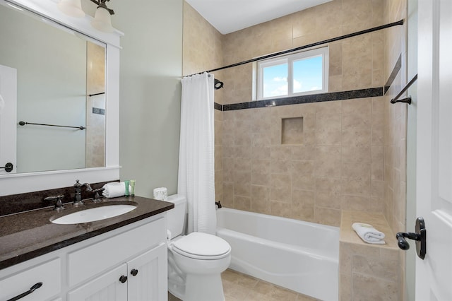 full bathroom featuring vanity, toilet, shower / bath combination with curtain, and tile patterned flooring