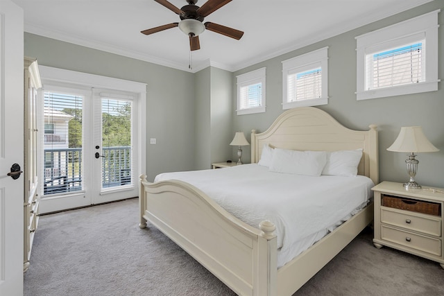 bedroom featuring light carpet, access to outside, ornamental molding, and ceiling fan