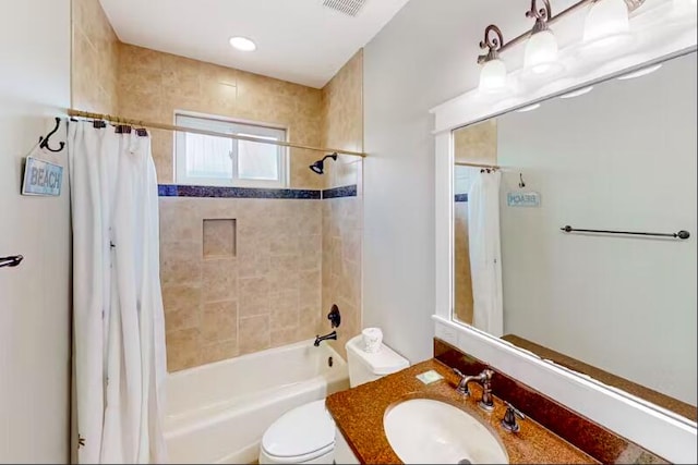 full bathroom with vanity, toilet, and shower / bathtub combination with curtain