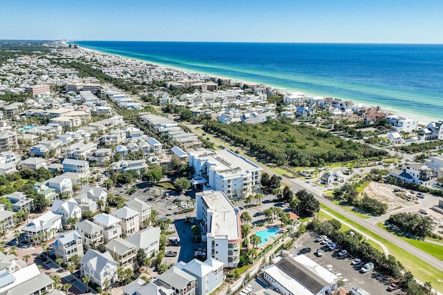 aerial view featuring a water view and a view of the beach