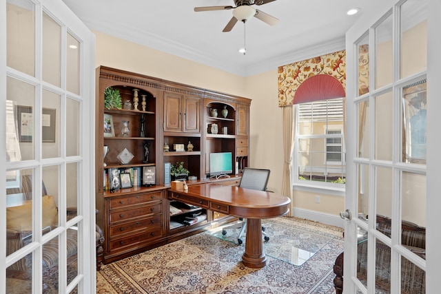 home office with french doors, crown molding, and ceiling fan