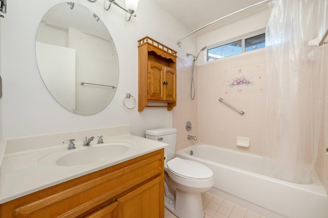 full bathroom with tile patterned floors, vanity, a textured ceiling, shower / bath combo, and toilet