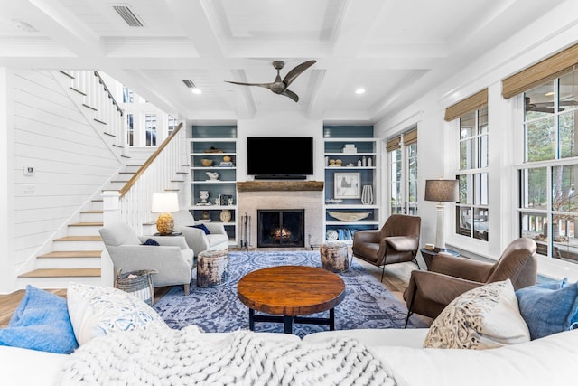79 Cedar Post Rd, Santa Rosa Beach, FL 32459 - living room featuring beam ceiling, a wealth of natural light, and coffered ceiling